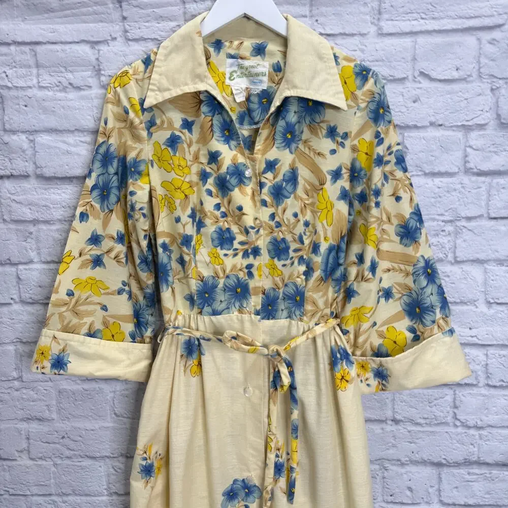 Vintage The Great Entertainers Sears Dress 70s Floral Belt Beige Size S Button - Picture 3 of 8